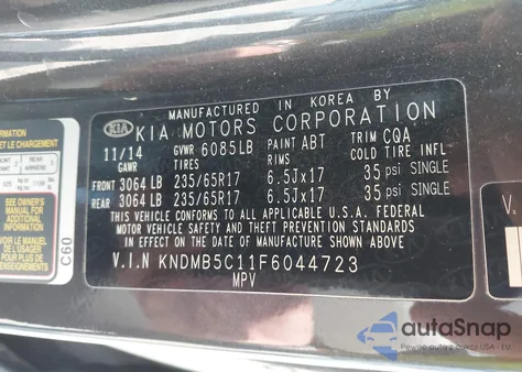 2015 Kia Sedona Lx из США, поврежденный, VIN KNDMB5C11F6044723